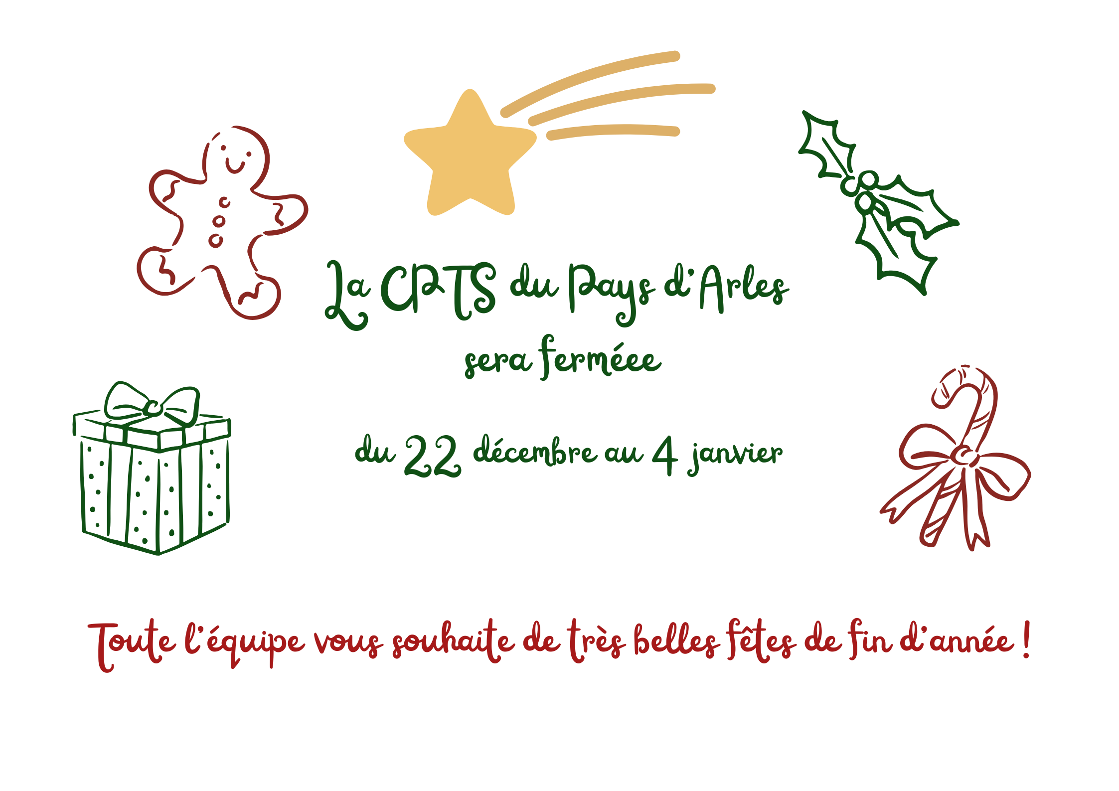 La CPTS du Pays d’Arles sera fermée du lundi 22/12/2025 au dimanche 04/01/2026