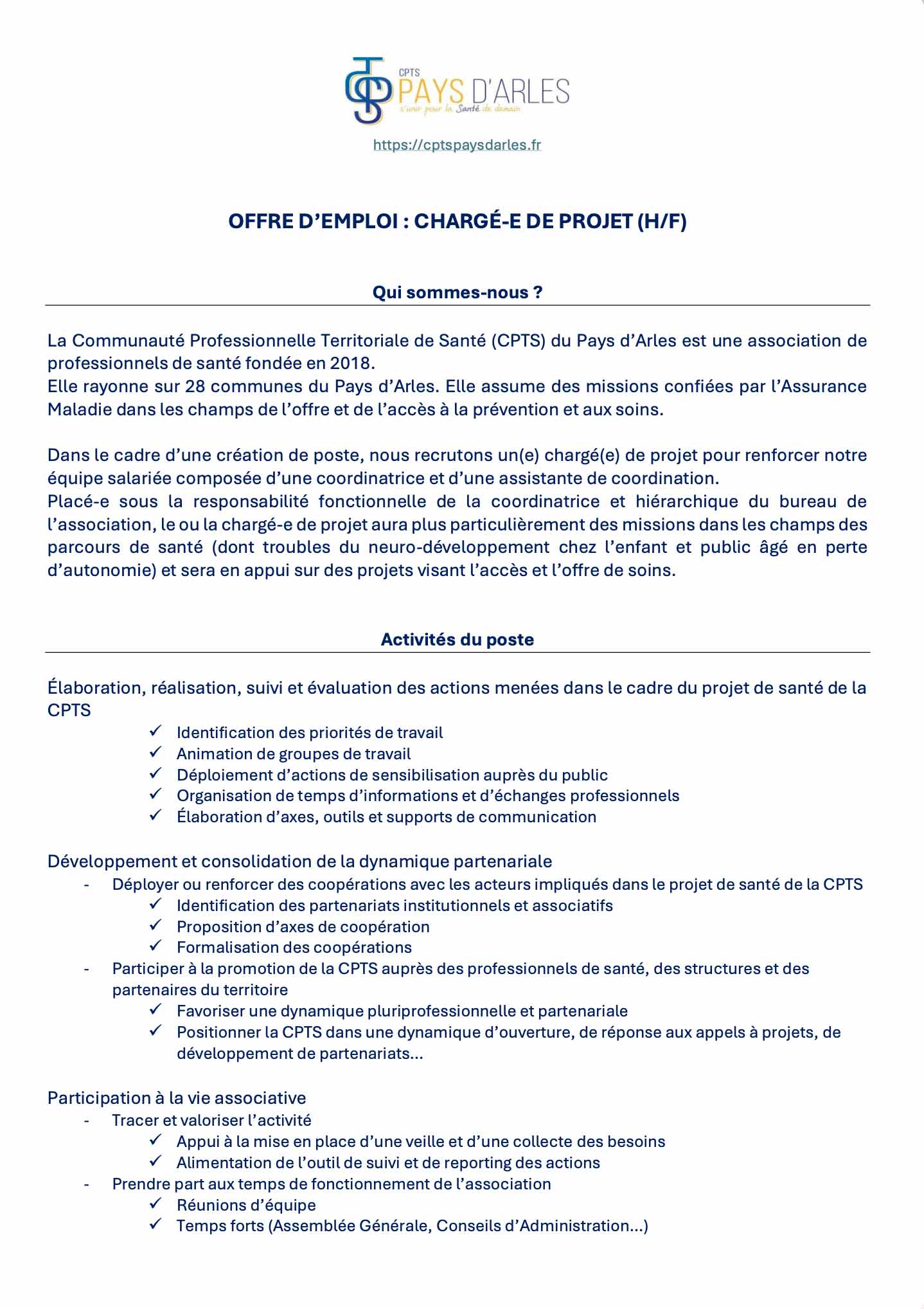 Offre d’emploi – Chargé(e) de projet